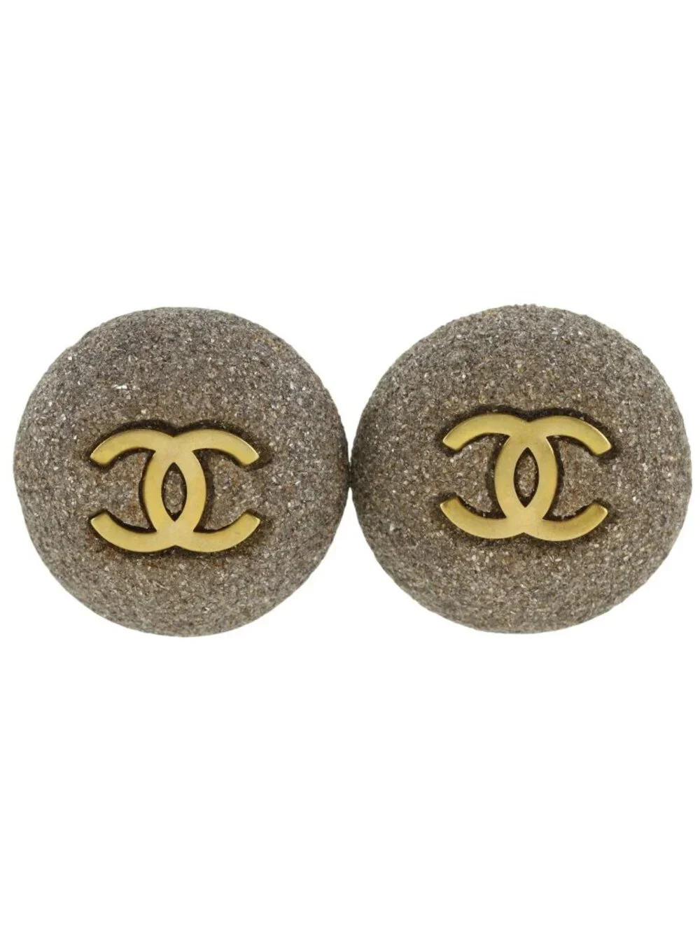 Chanel CC Logo Stone Motif Vintage Gold Plated Gray Earrings